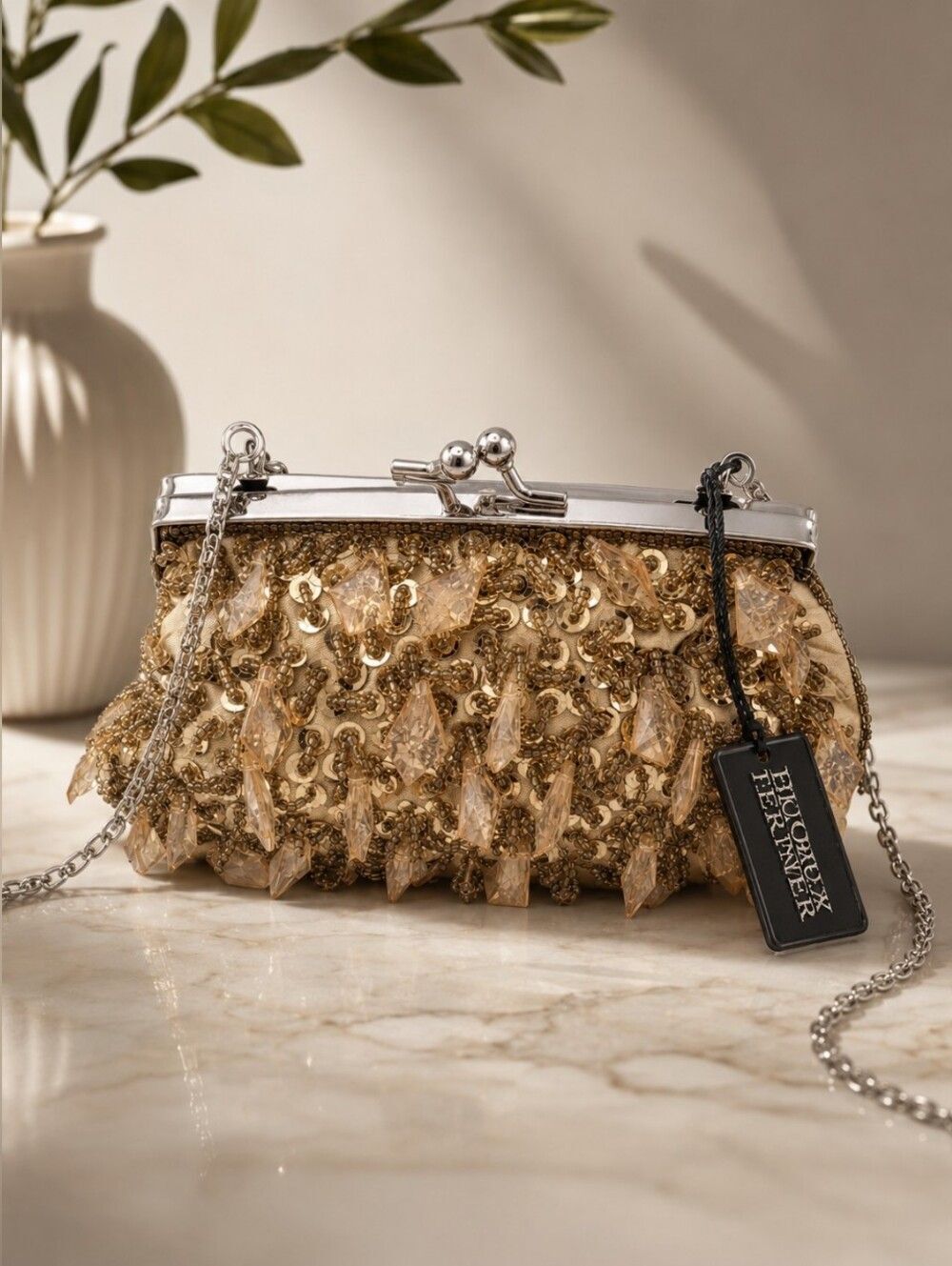 Bijoux Terner Beaded Champagne Evening Clutch Chain Strap Y2K Glam Deadstock Bag